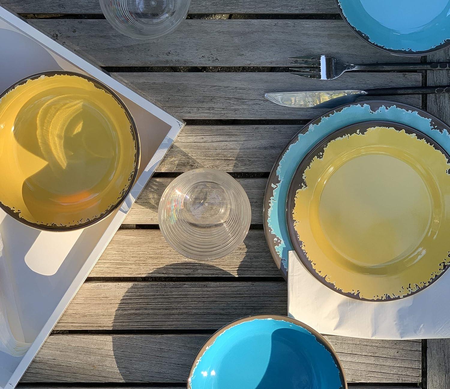 Fox Run Melamine Dinnerware Set, Off White, Dandelion Yellow, Sky Blue and Cornflower Blue, Set of 12