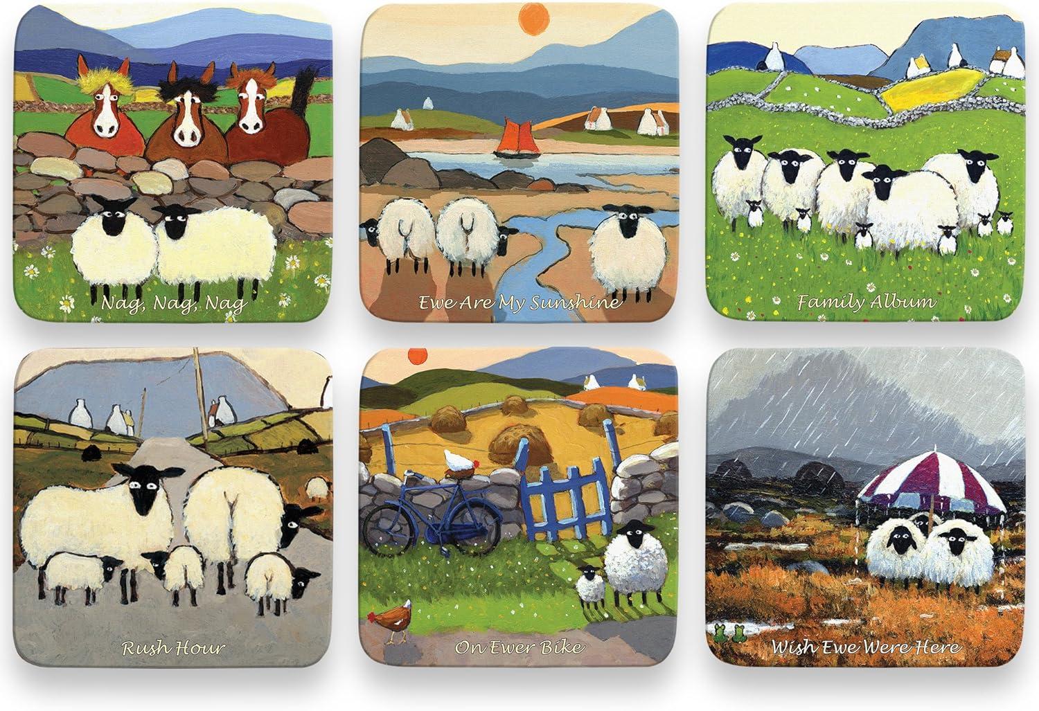 Thomas Joseph Set of 6 Coasters Cork Backed Irish Sheep Design, Gift Boxed (Set nr. 2)