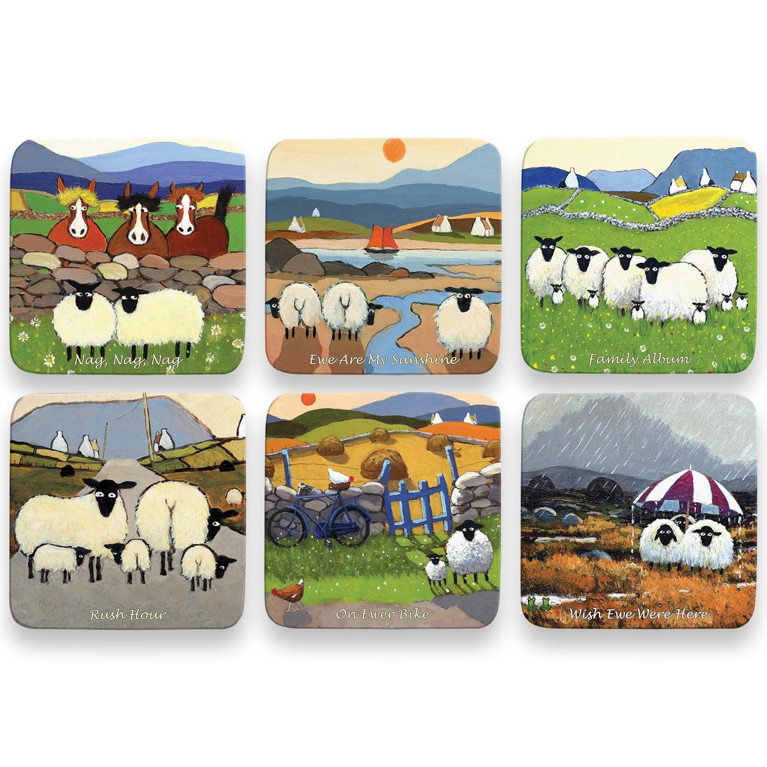 Thomas Joseph Set of 6 Coasters Cork Backed Irish Sheep Design, Gift Boxed (Set nr. 2)