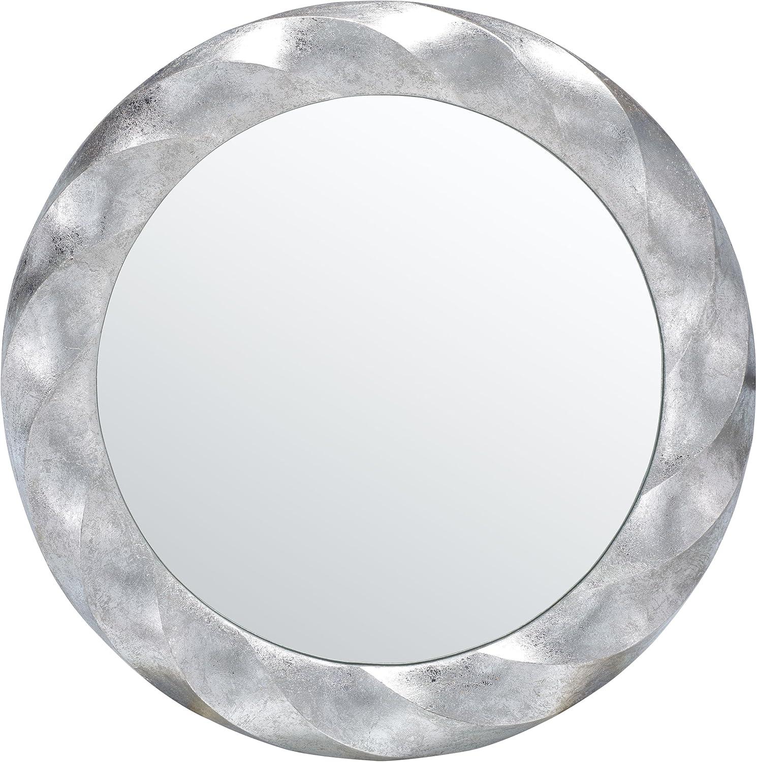 Elegant Mystic 33" Round Wood & Silver Foil Wall Mirror