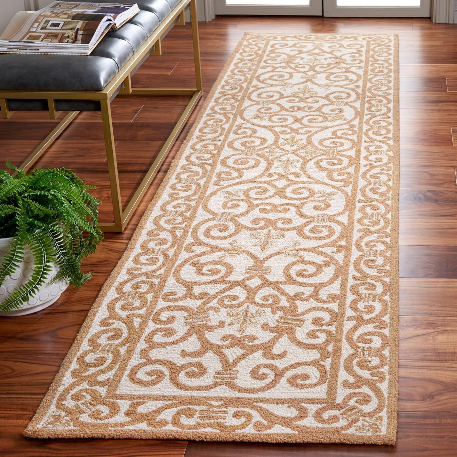 SAFAVIEH Chelsea Aragon Geometric Borders Wool Runner Rug, Ivory/Gold, 2'6" x 6'