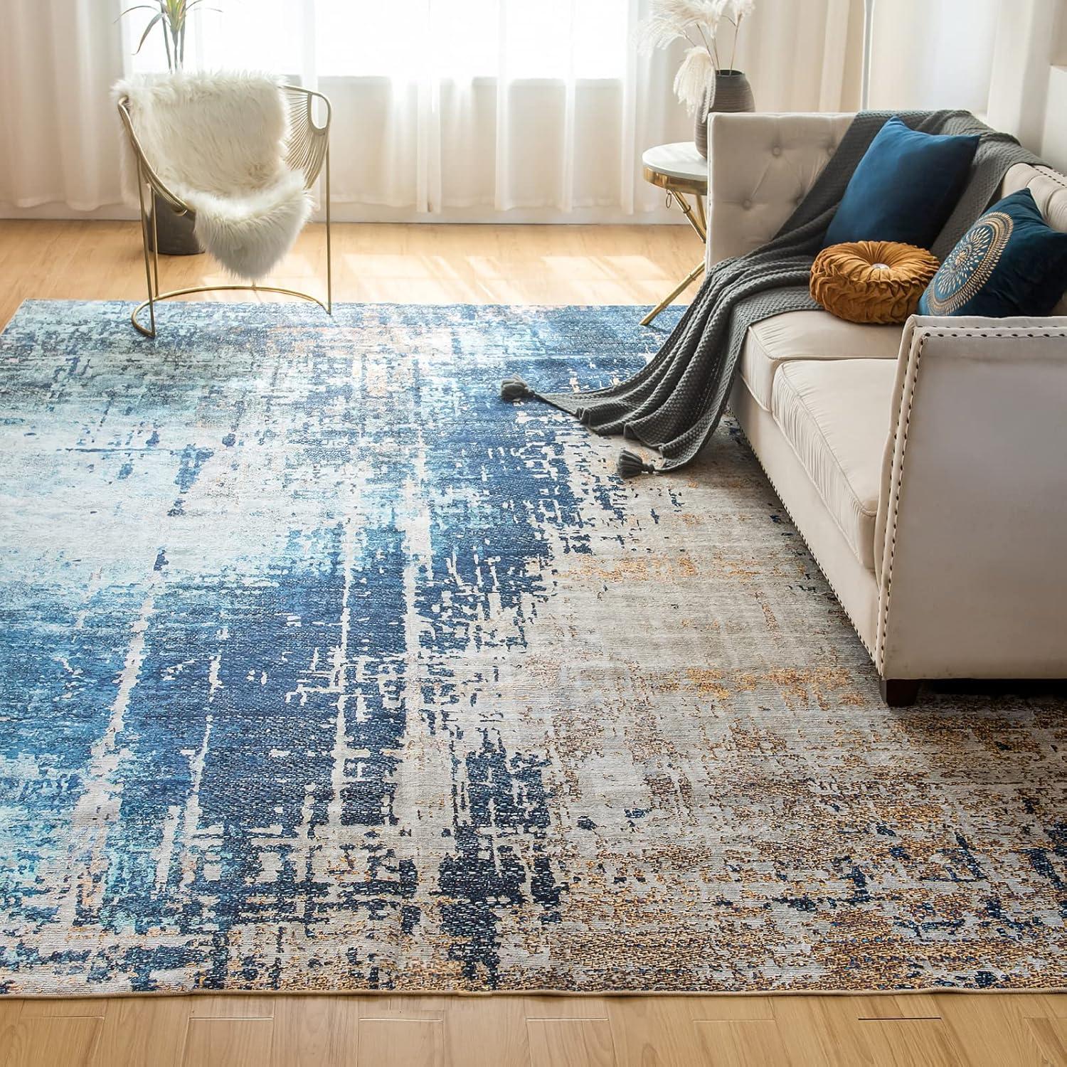 Nefoso 8' x 10' Area Rugs, Washable Area Rugs for Living Room Bedroom Home Decor, Non-Slip Carpet, Modern Abstract, Blue & Beige