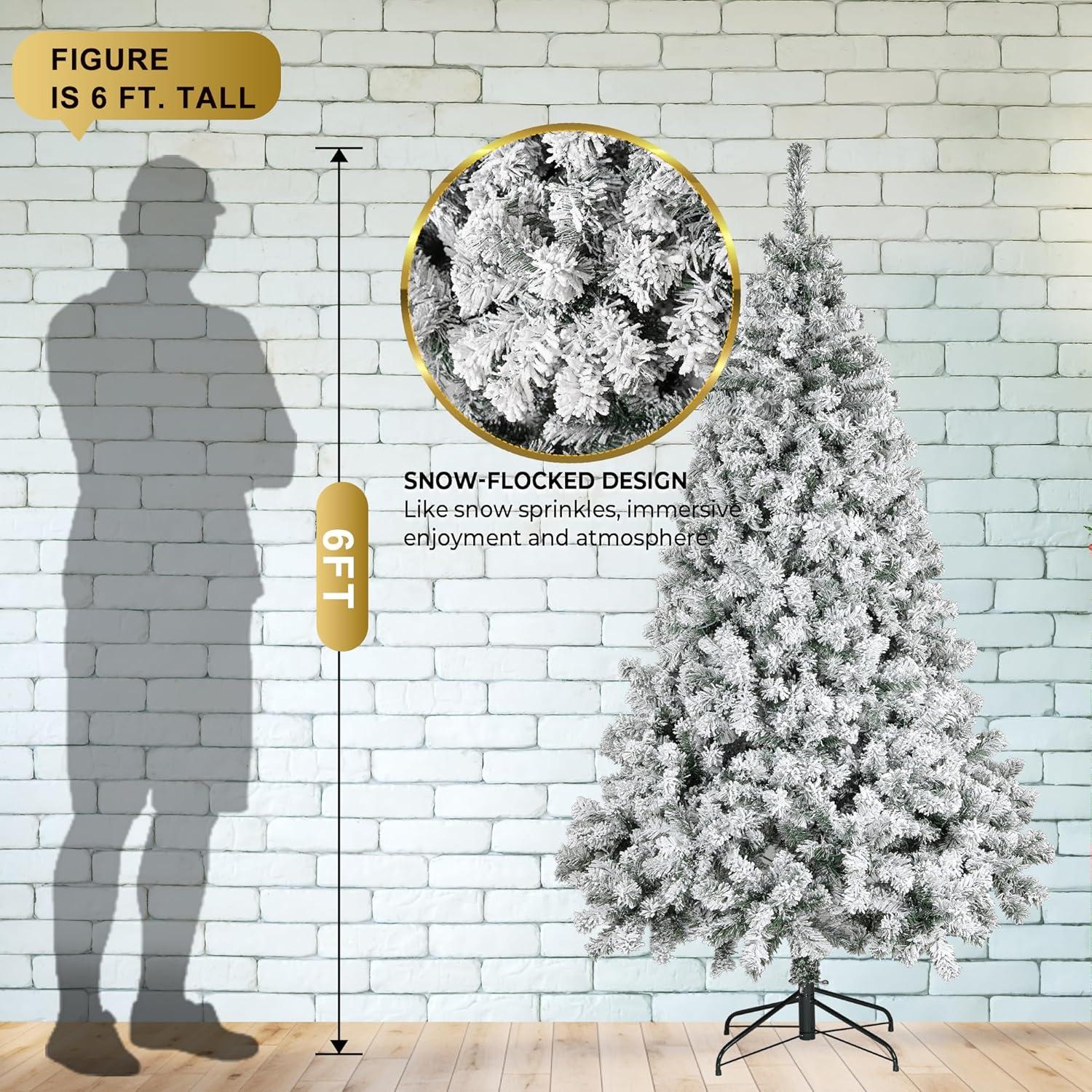 6FT Prelit Christmas Tree with Lights, Snow Flocked Artificial Christmas Tree with 250 Warm White LED Lights, 820 Branch Tips, Indoor Fake Xmas Tree for Home, Office, Party Decoration