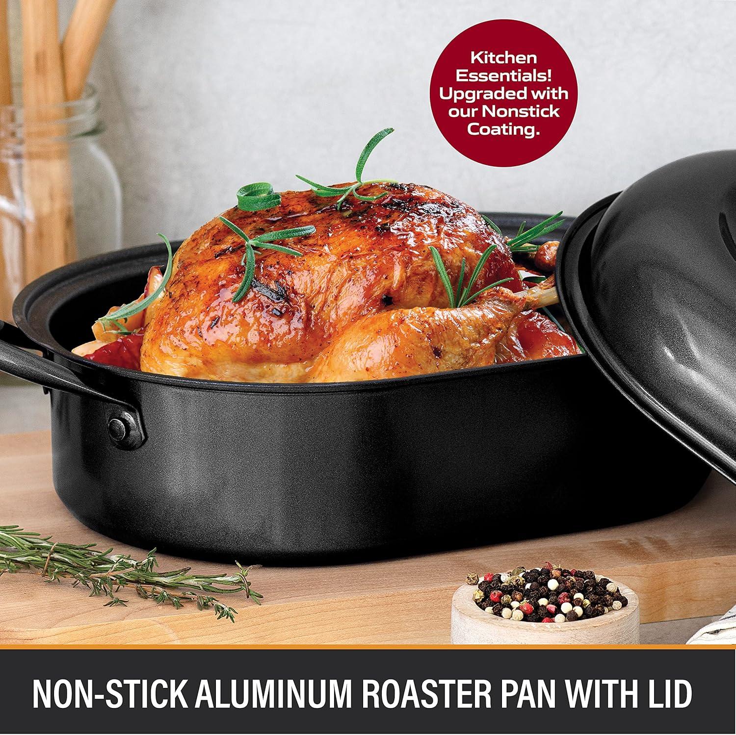 Granitestone Diamond Nonstick Roasting Pan 16" Oven Roaster Rotisserie Poultry Turkey Lasagna Deep Pan with Lid Small