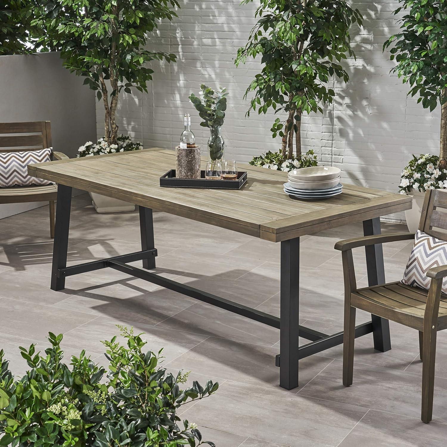 Carlisle 79" Rectangle Acacia and Iron Dining Table Gray/Black - Christopher Knight Home: Weather-Resistant, Seats 8