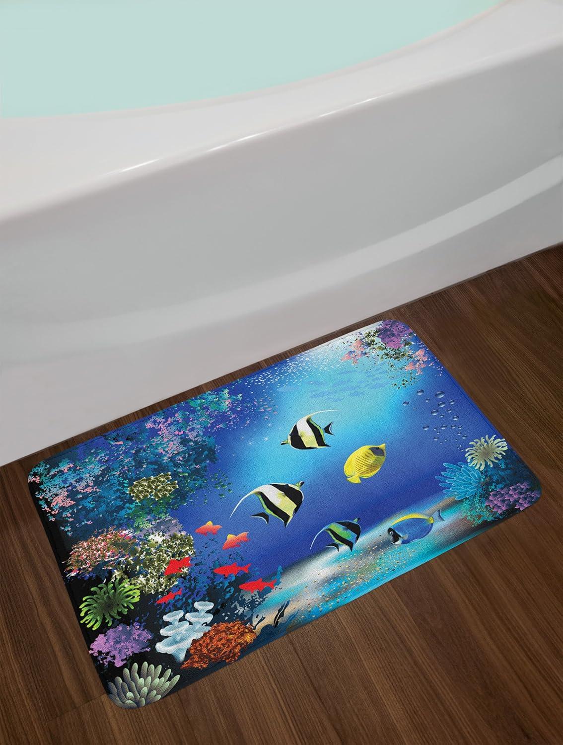 Underwater Bath Mat, Tropical Undersea with Colorful Fishes Swimming in the Ocean Coral Reefs Artsy Image, Non-Slip Plush Mat Bathroom Kitchen Laundry Room Decor, 29.5 X 17.5 Inches, Blue, Ambesonne