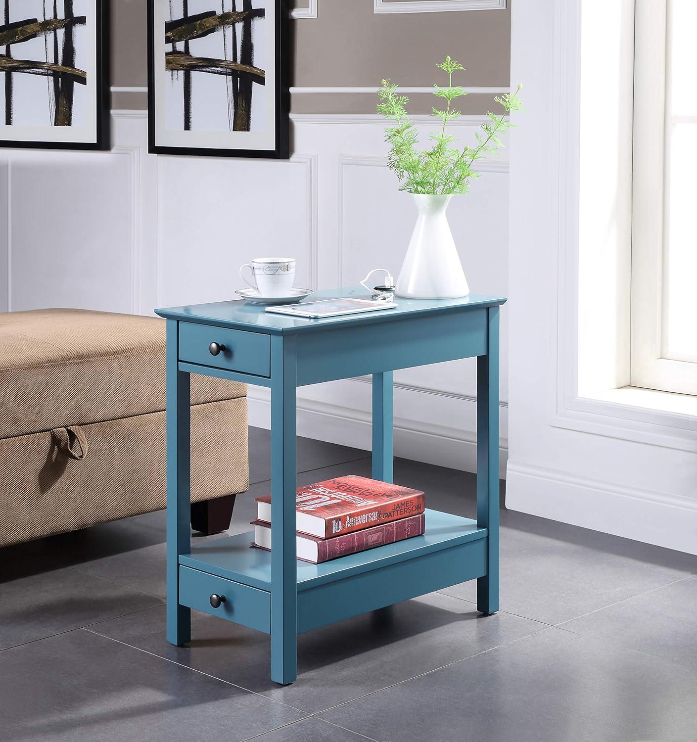 Teal Wood Rectangular Side Table with USB Charging Dock