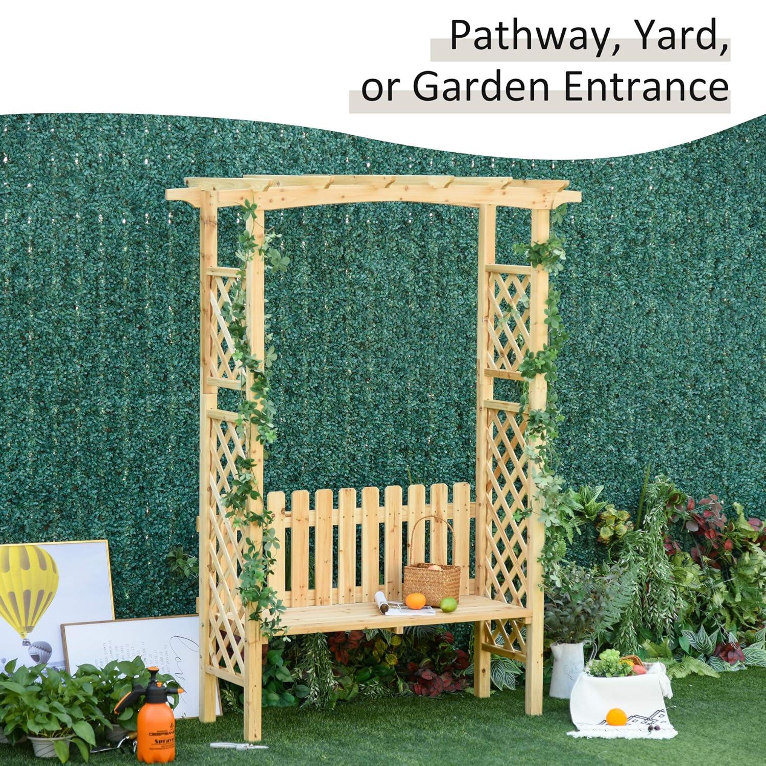Outsunny Wooden Trellis Arbor Arch for Climbing Plants with Garden Bench, Grow Grapes & Vines, Patio Decor & 2-Person Seating, Natural