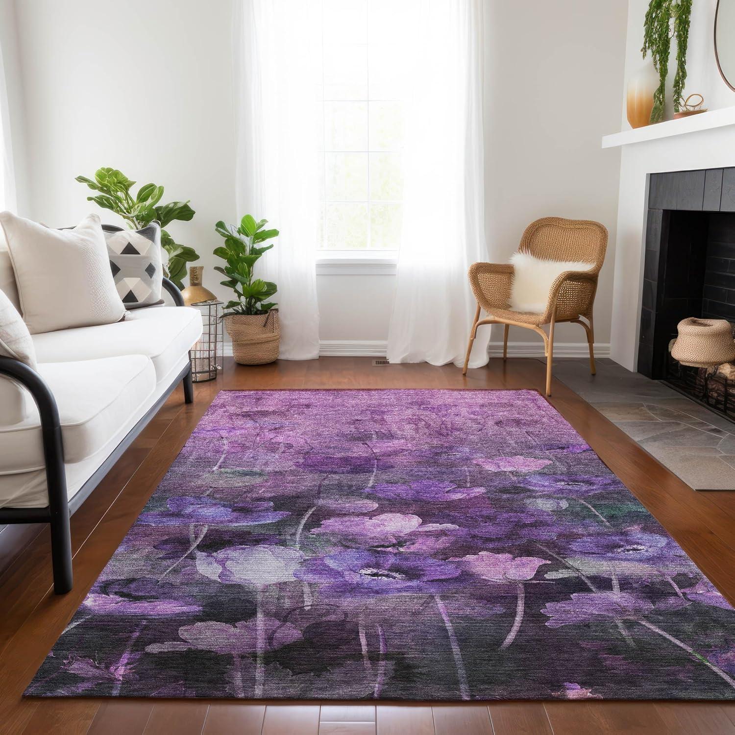 Purple Floral Synthetic Washable Rectangular Rug 3' x 5'