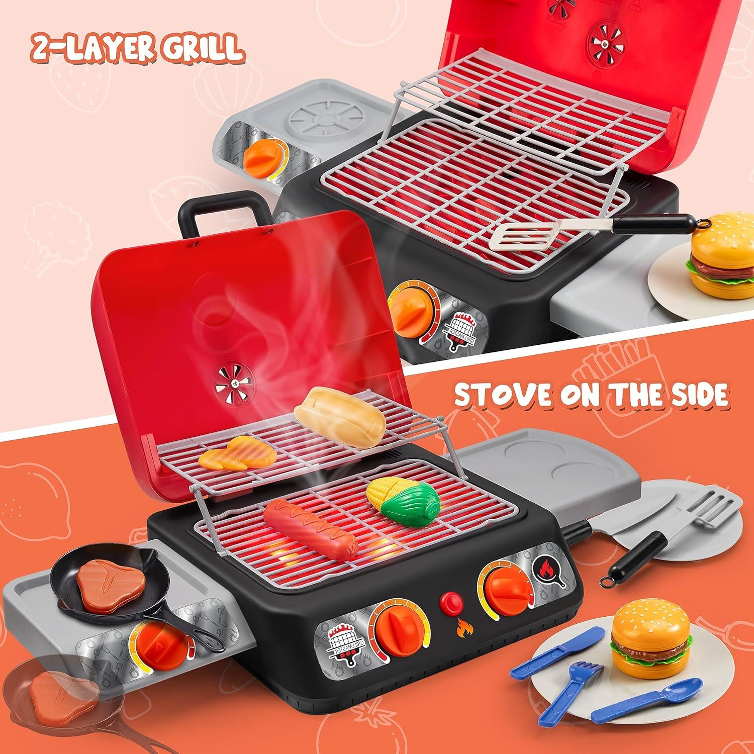 Kids BBQ Grill Playset, Kitchen Toy Set with Pretend Smoke, Light,Indoor Outdoor Cooking Toy for Boys Girls Kids