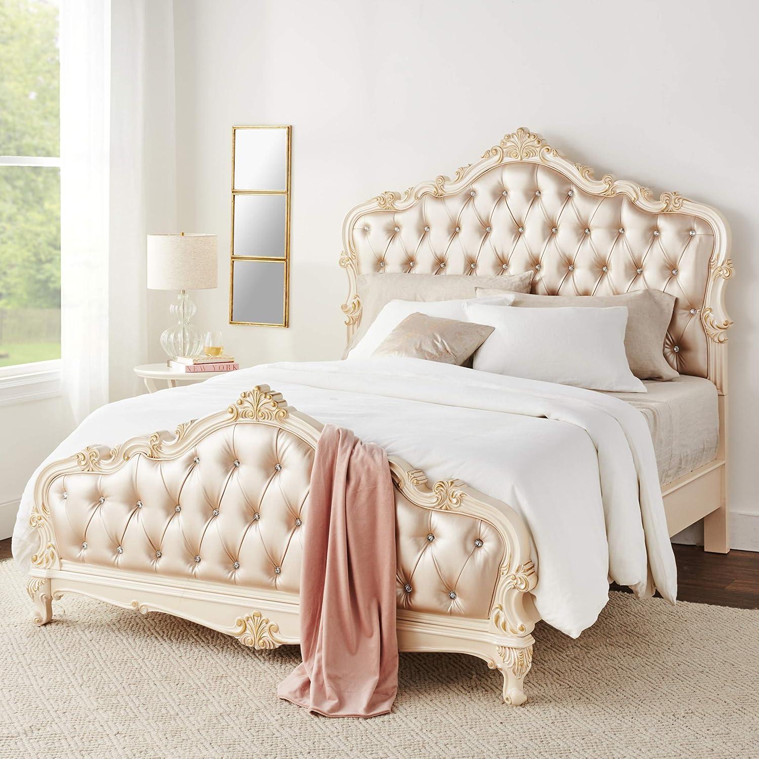 Chantelle Queen Bed with Tufted Faux Leather Headboard in Rose Gold and White