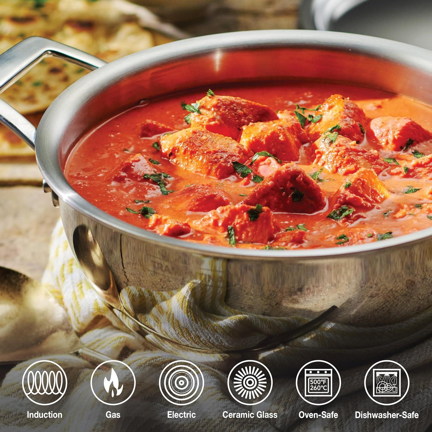 Tramontina Tramontina Utsava Tri-Ply Clad Stainless Steel Kadai with Lid, Kadhai Pot for Indian Cooking