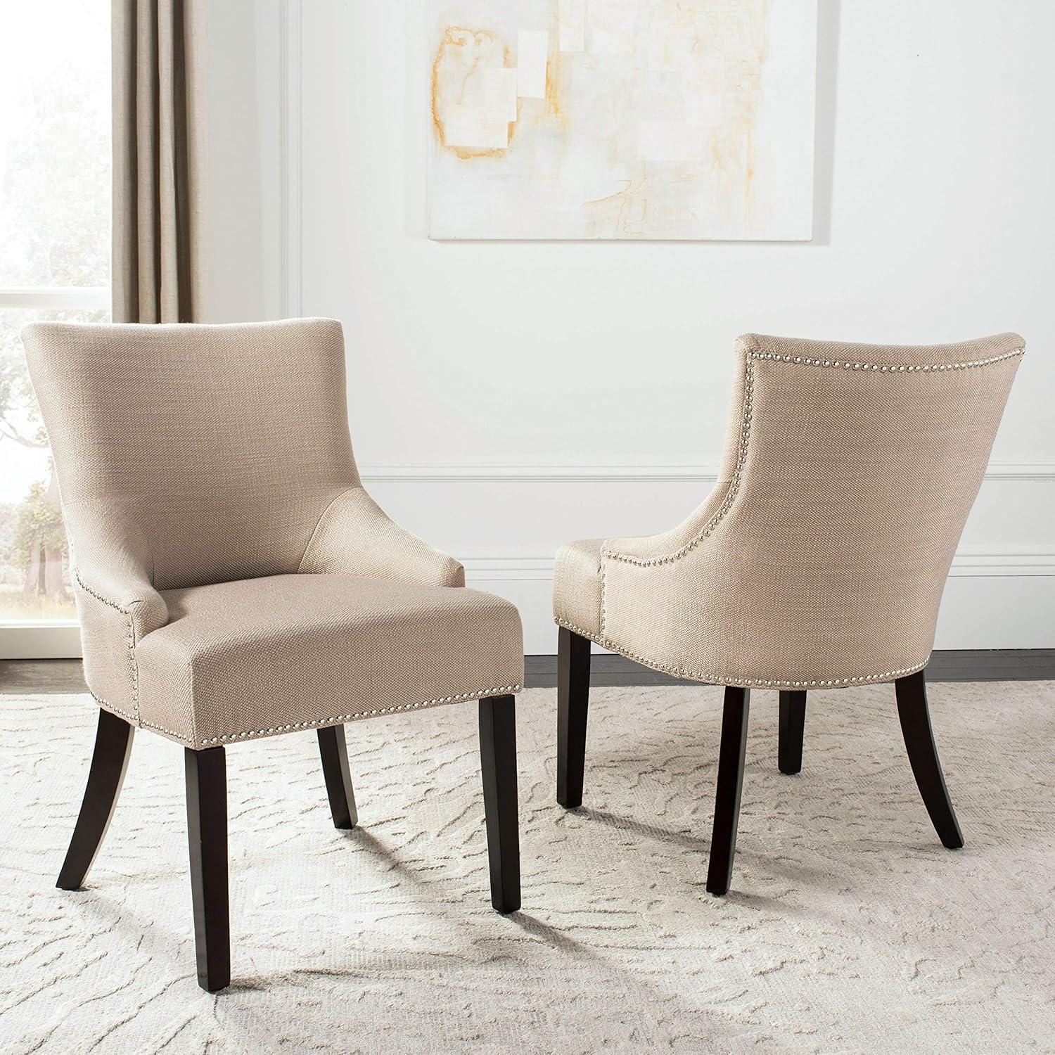 SAFAVIEH Lotus 19''H KD Side Chair Set of 2 Flat Black Nail Head Taupe Linen