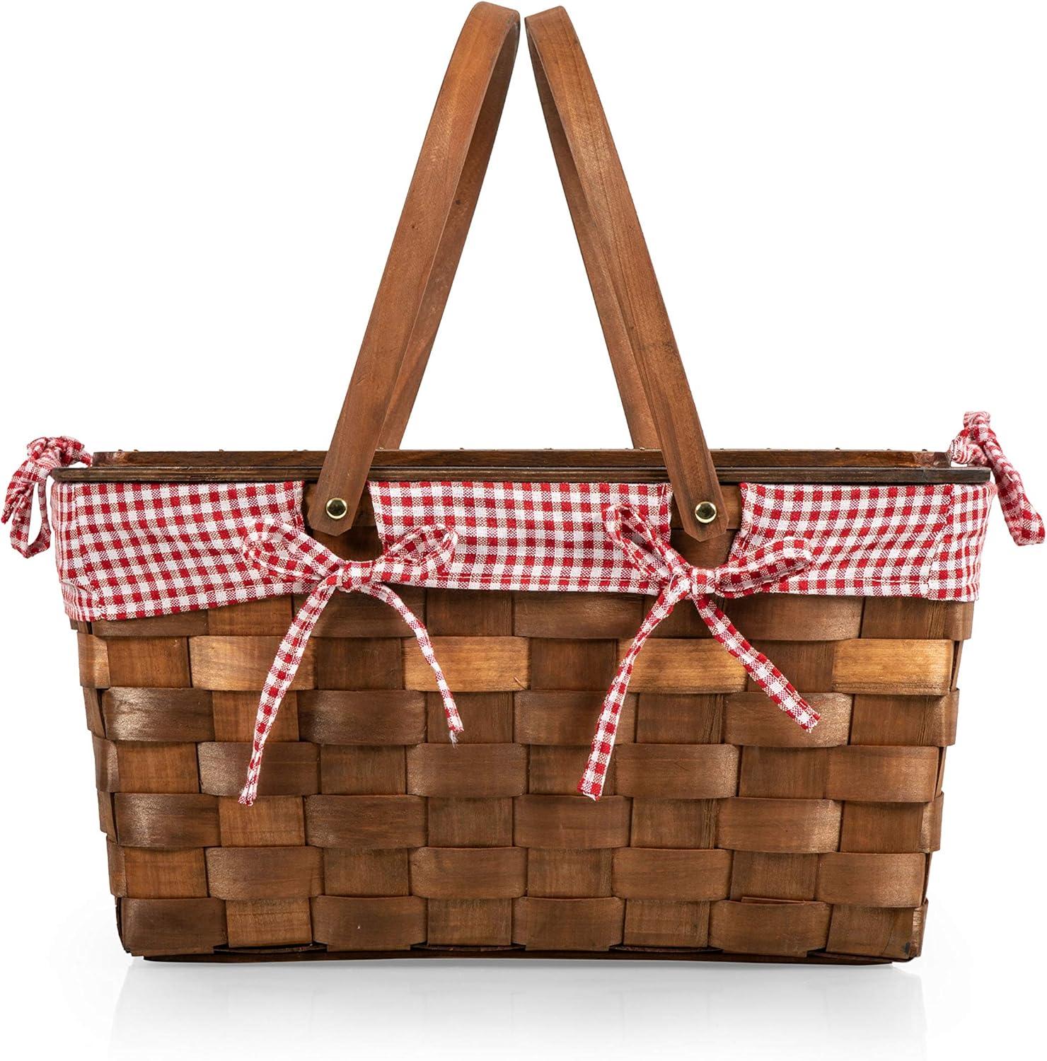 Picnic Time Kansas Handwoven Wood Picnic Basket - Large Basket with Tabletop Lid