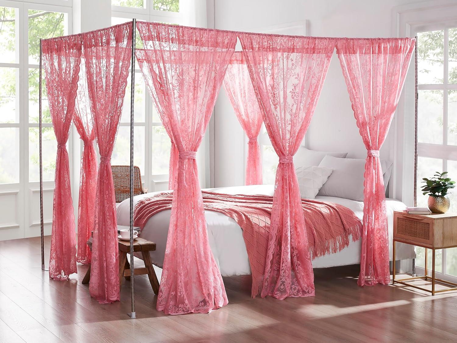 WARM HOME DESIGNS 8 Piece Lace Canopy Bed Curtains Set With Tie-Backs for Queen or King Bed (Set of 8)