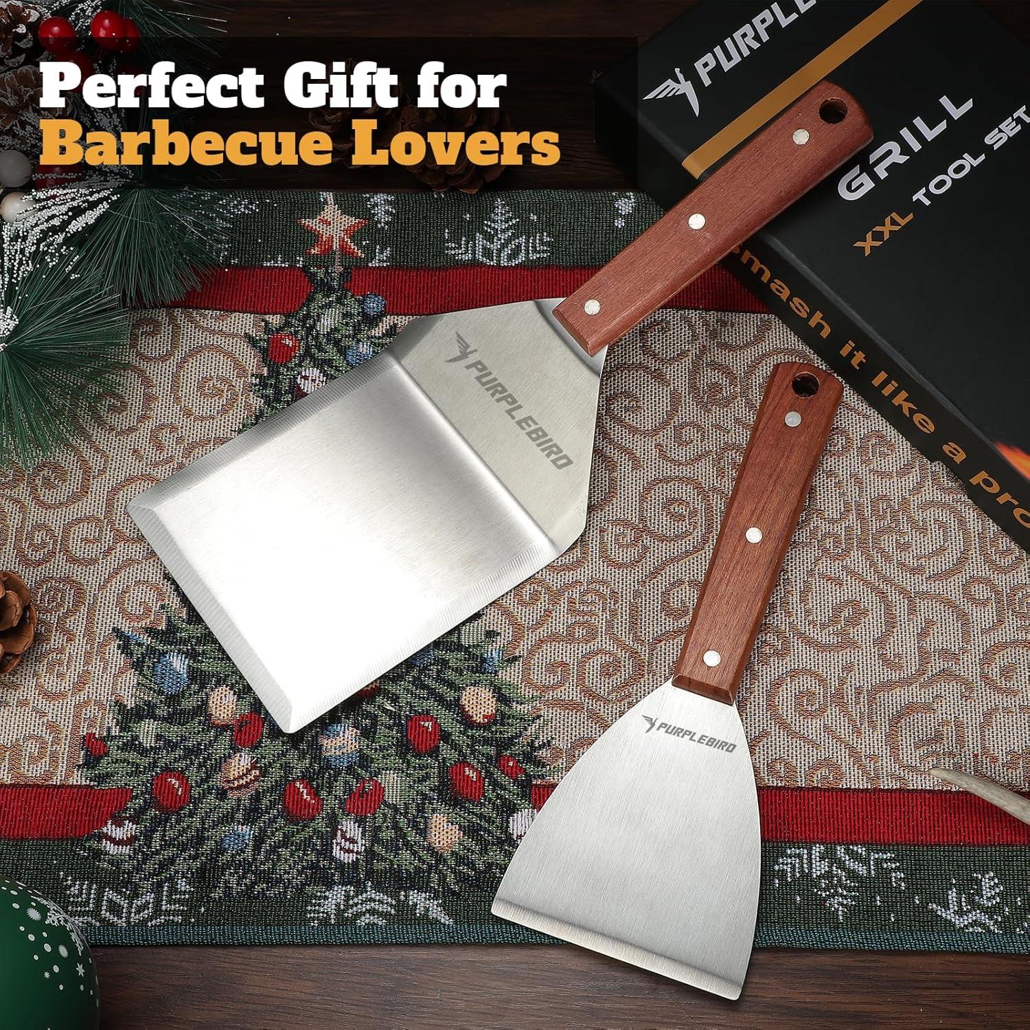 PURPLEBIRD Grill Utensils Set with Brush - 5pcs Grilling Tools Set with Bag Apron, Heavy Duty BBQ Tool Sets with Long Wood Handle, Stainless Grilling Accessories for Outdoor Grill