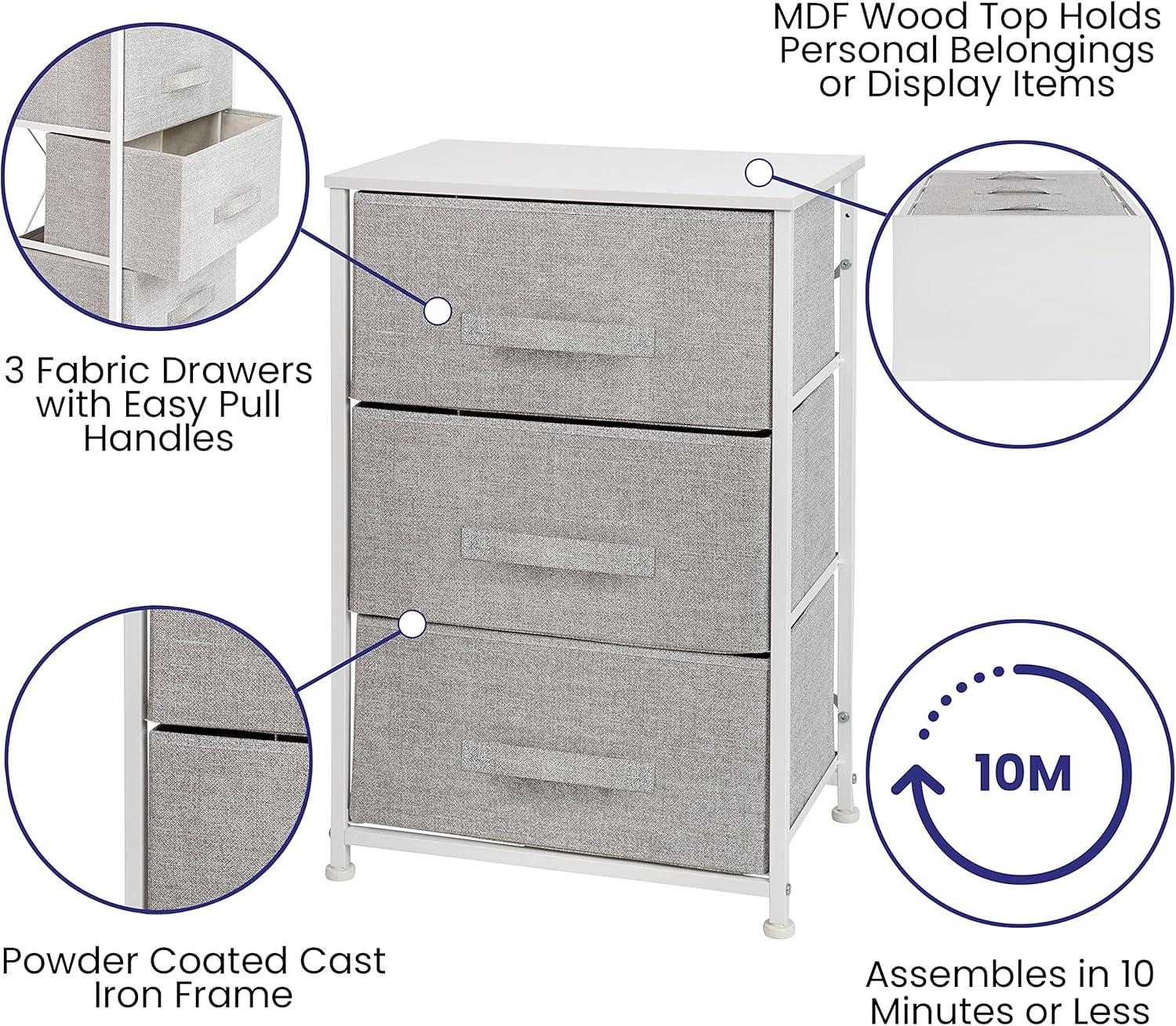 Flash Furniture Malone 3 Drawer Vertical Storage Dresser with Wood Top & Fabric Pull Drawers