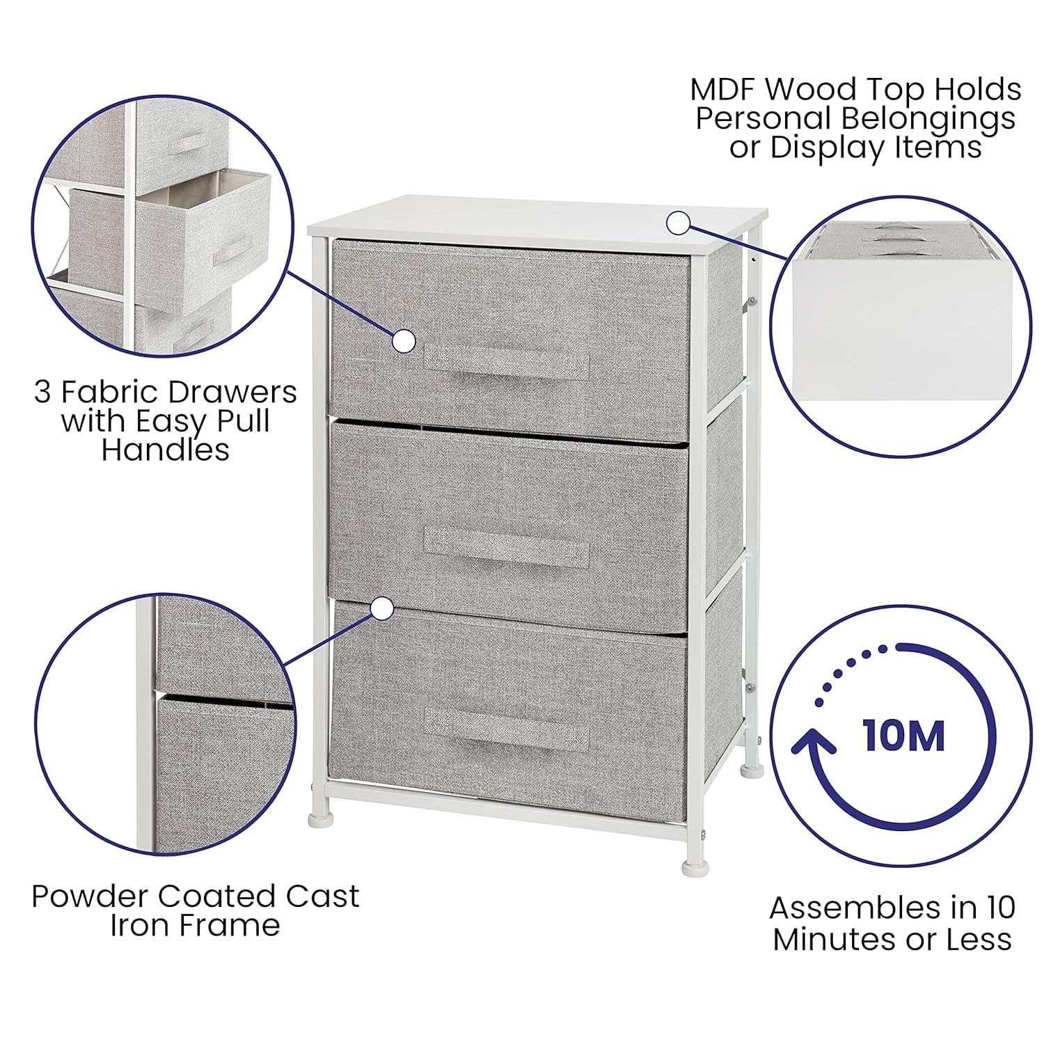 Flash Furniture Malone 3 Drawer Vertical Storage Dresser with Wood Top & Fabric Pull Drawers