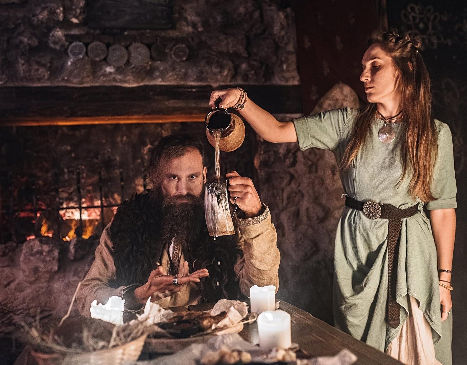 Norse Tradesman Genuine LG Viking Drinking Horn Mug - 100% Authentic Beer Horn Tankard With Hardwood Bottom & Ring Engravings | "The Eternal", Unpolished, approx. 16 oz