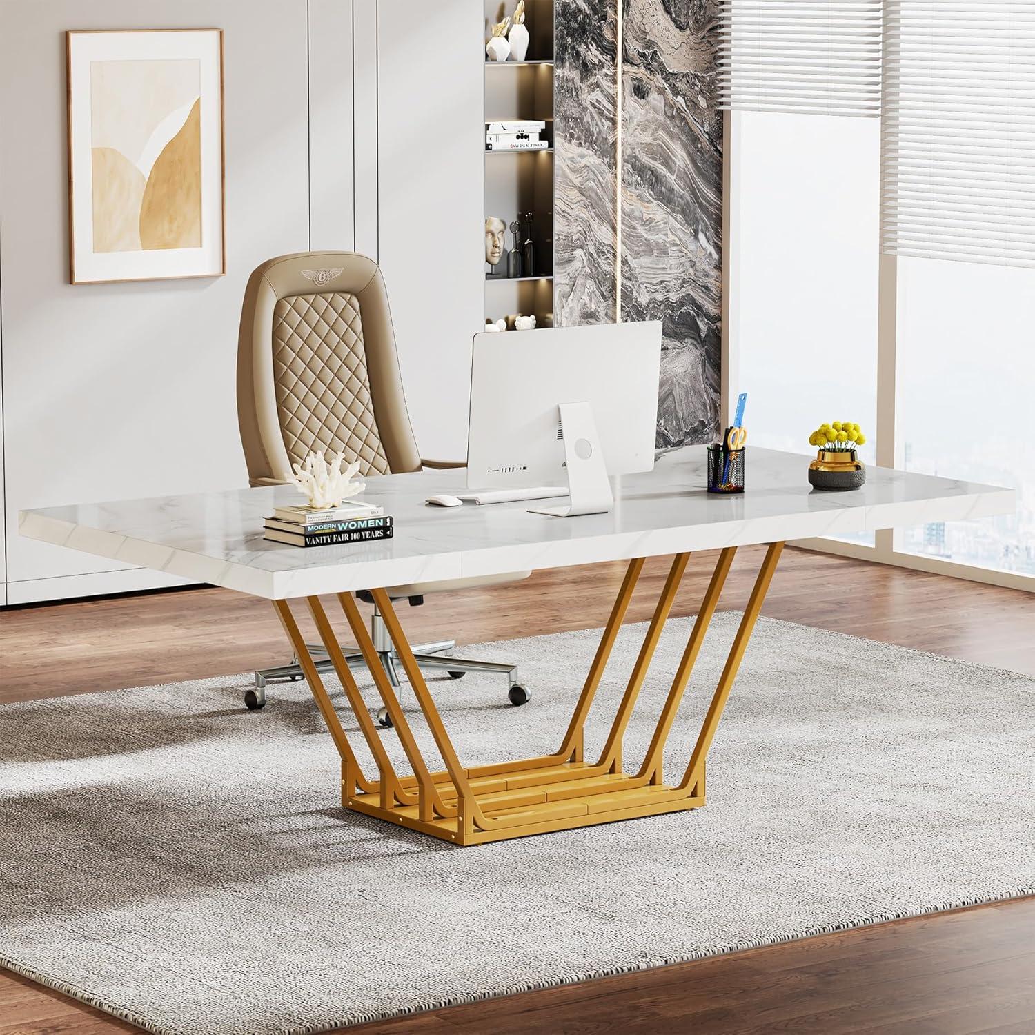 63-Inch White Faux Marble Executive Desk with Gold Metal Frame