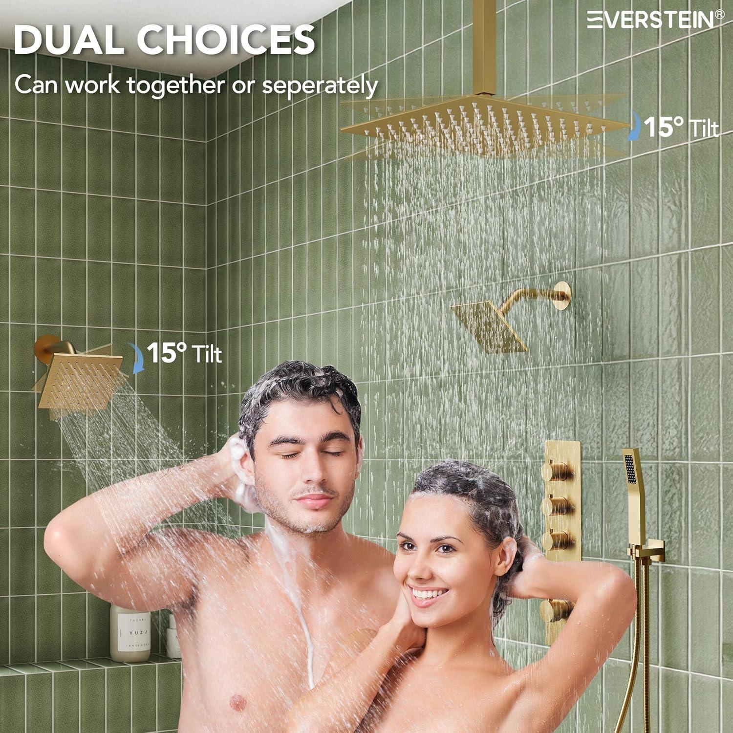 15-Spray Patterns 16" & 6" Triple Shower Heads, Shower FaucetSystem with Thermostatic Rough-in Valve