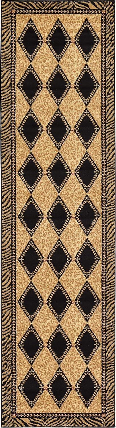 Wildlife Collection Black and Light Brown Geometric Runner Rug