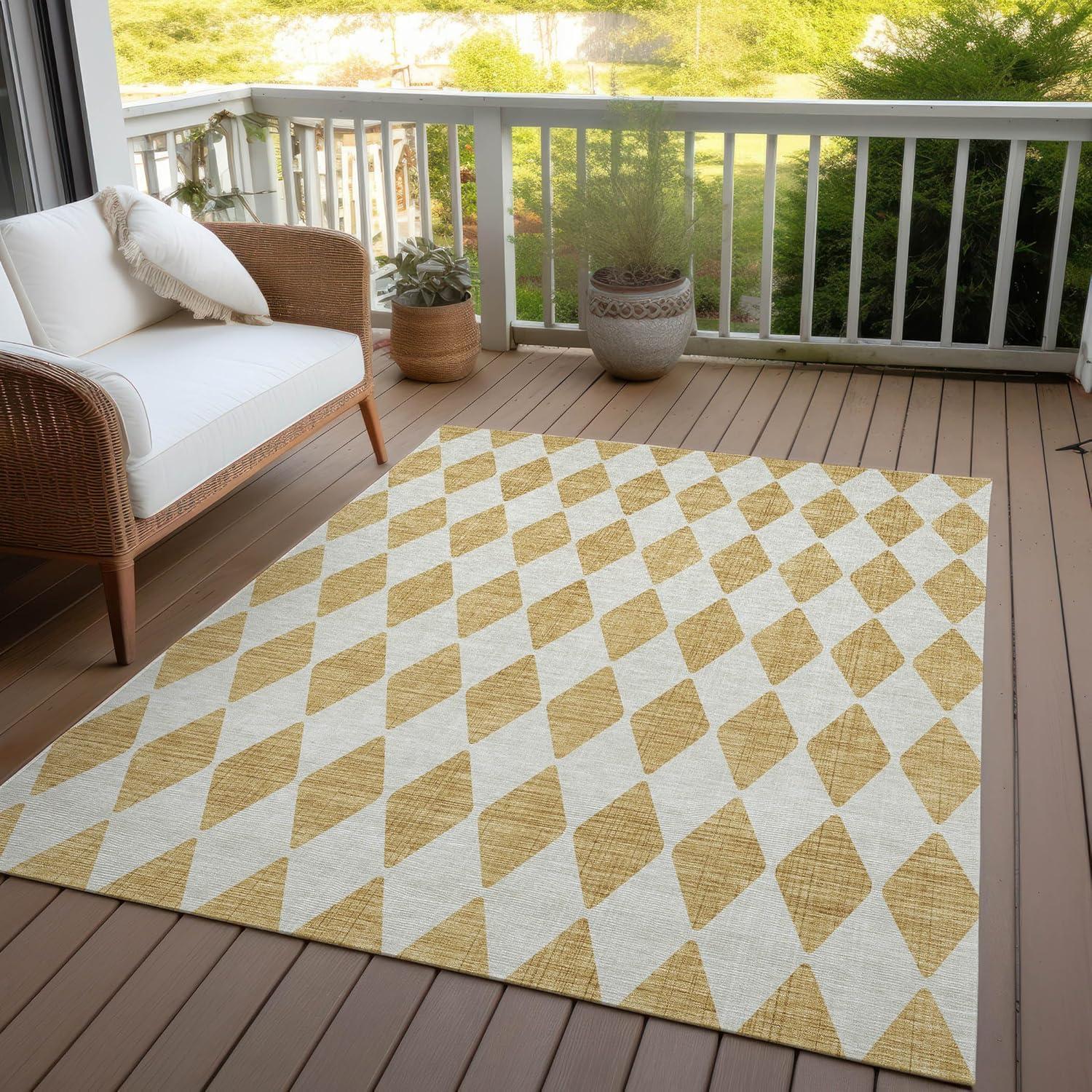 Gold and White Diamond Pattern Washable Synthetic Rug