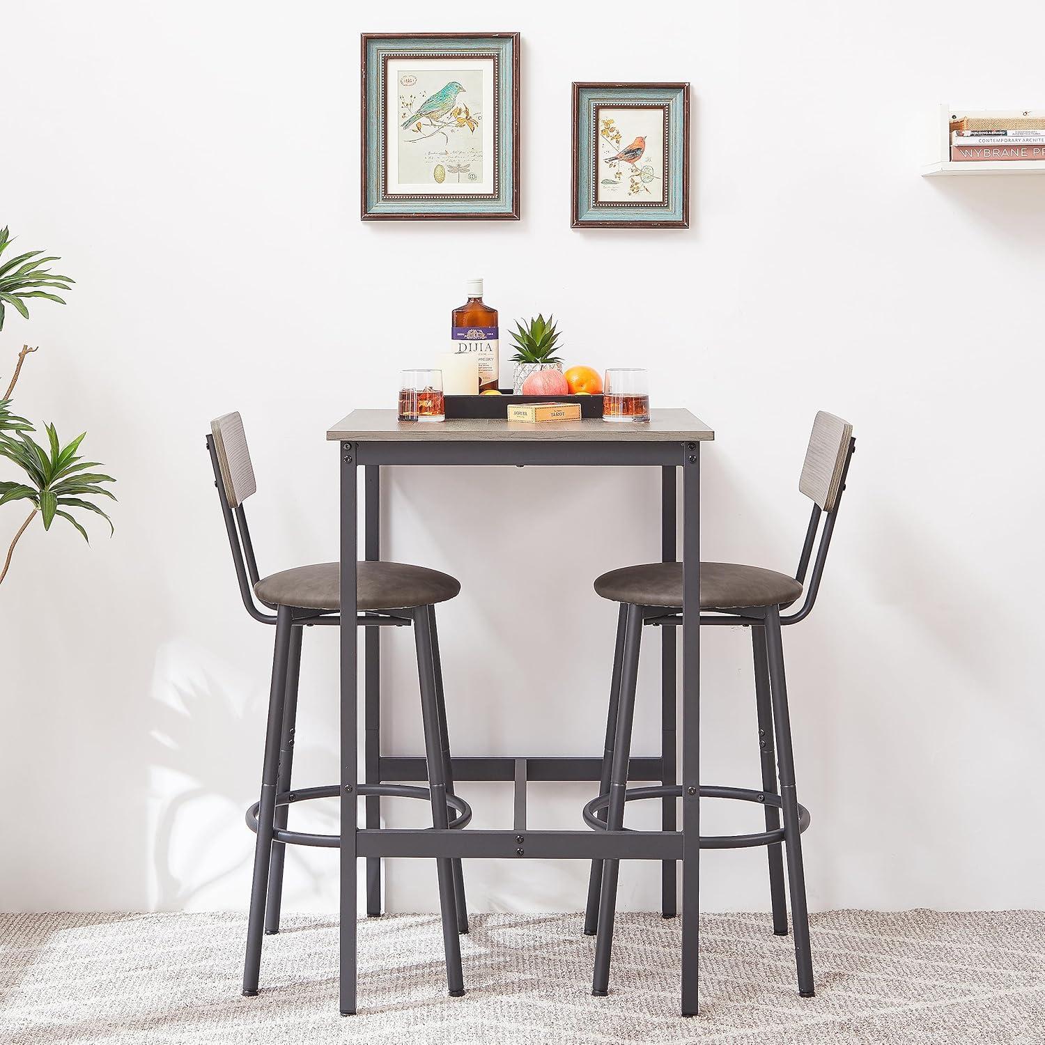 Bar Table and Chairs Set, 3-Piece Small High Top Table and 2 Stools with PU Soft Seat and Backrest, Square Dining Table Set for Small Space Apartment, Grey,23.62'' W x 23.62'' D x 35.43'' H