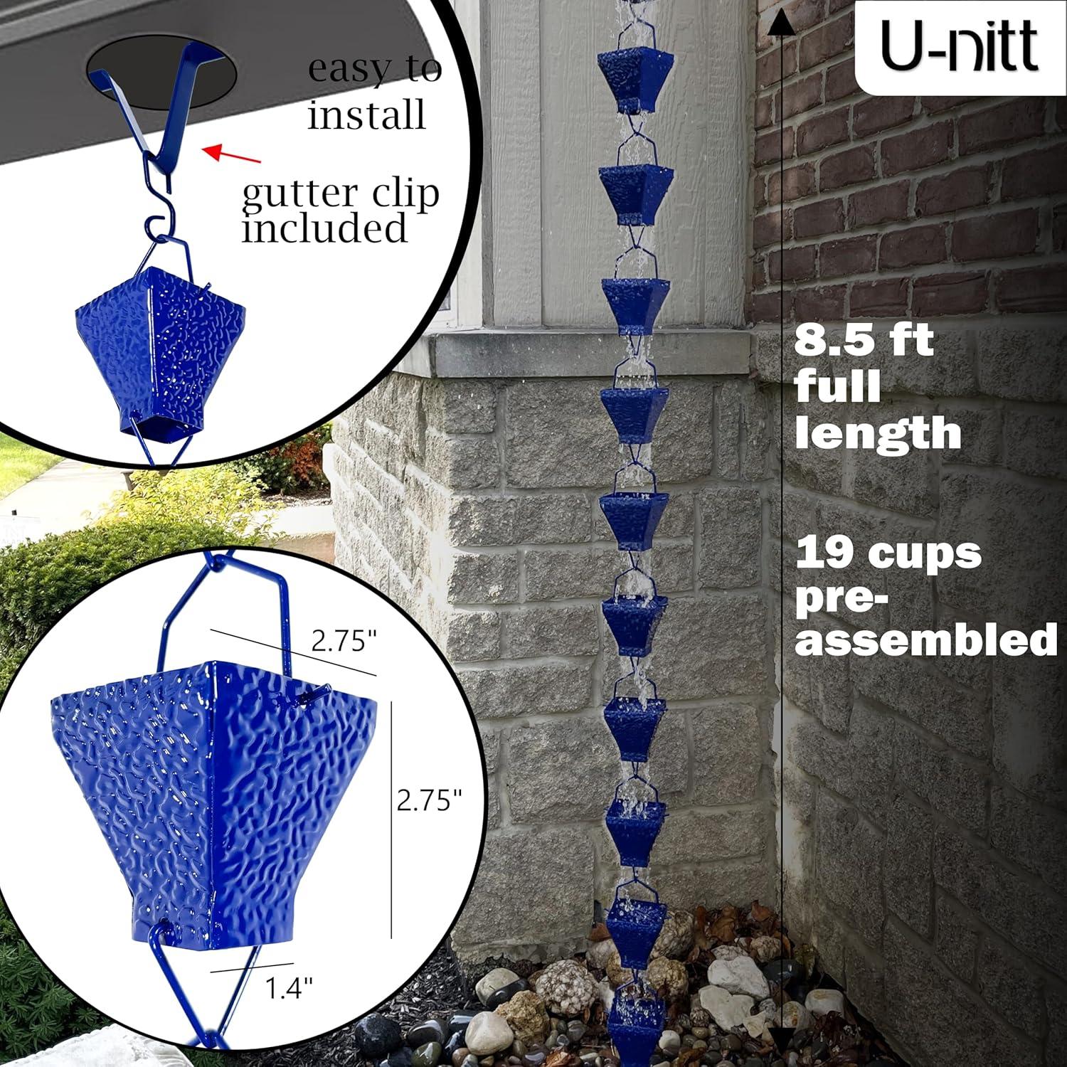 U-nitt Rain Chains, Roof Gutter Downspout Channel, Rainwater Catcher/Diverter, 8.5 FT, Metal, Blue Powder Coated, Texture Square, Modern, 5517BLU