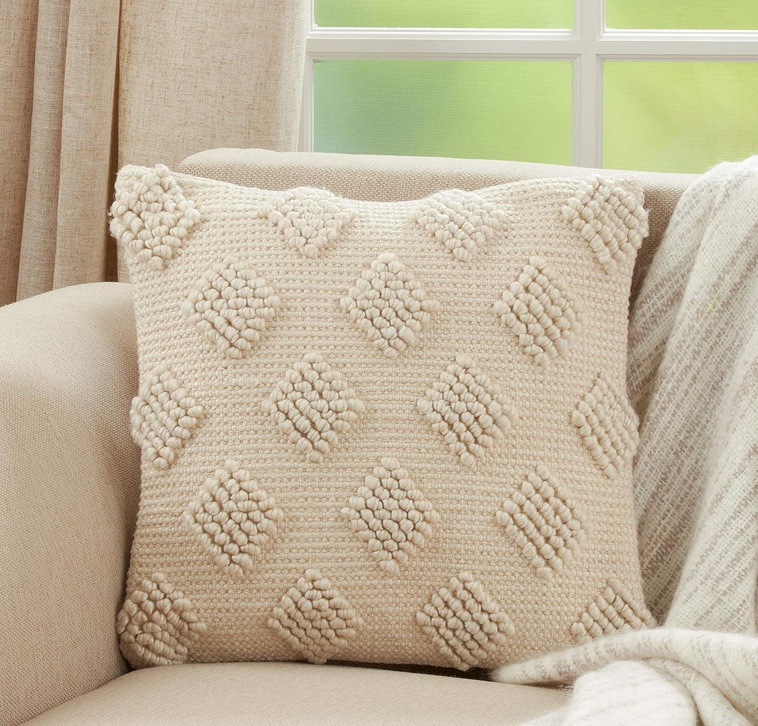 18"x18" Diamond Design with Pom-Poms Square Throw Pillow Cover Ivory - Saro Lifestyle: Bohemian Style, Zippered, Polyester & Cotton Blend