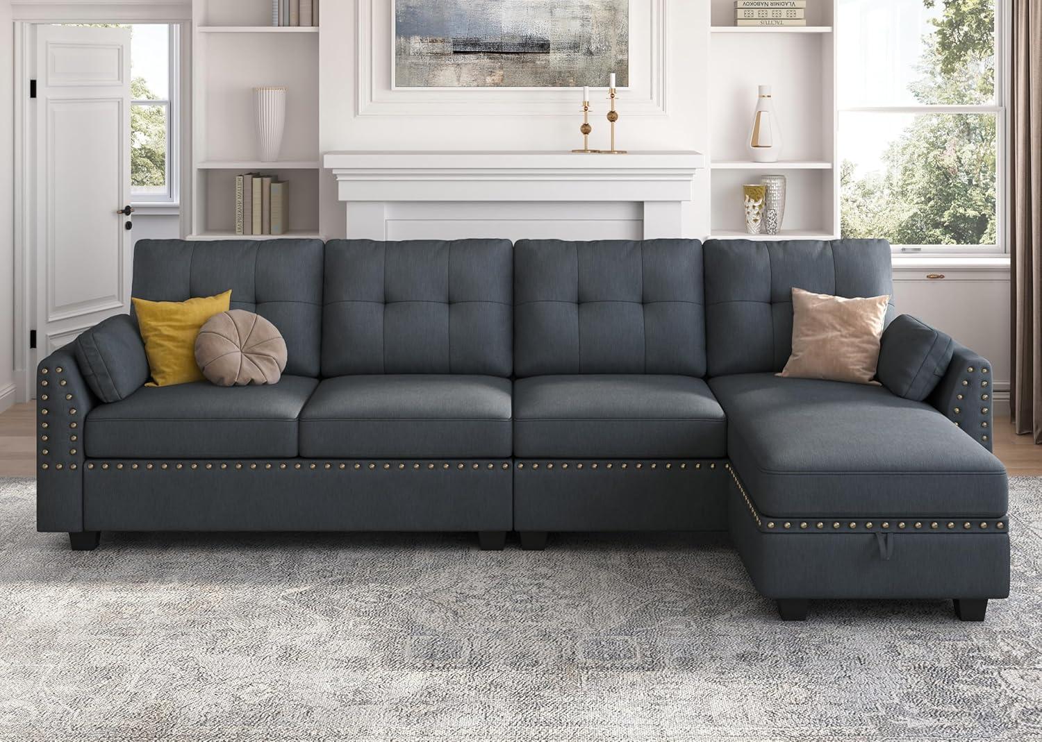 Bluish Grey Tufted Four Piece Fabric Sectional with Ottoman