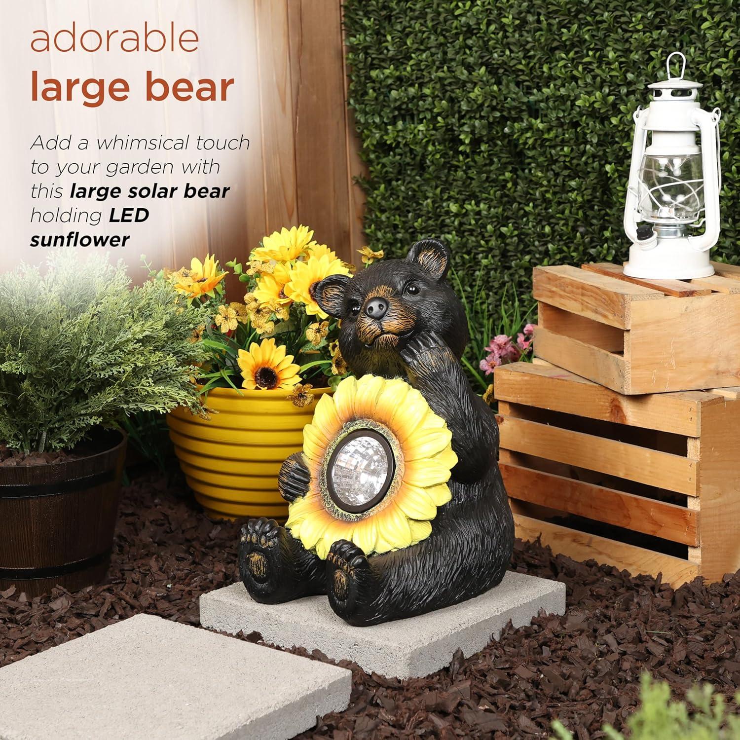 Alpine Corporation GXT520SLR-L Solar Powered Bear Statue with LED Sunflower for Outdoor Lawn and Yard Decoration, 16" H, Brown