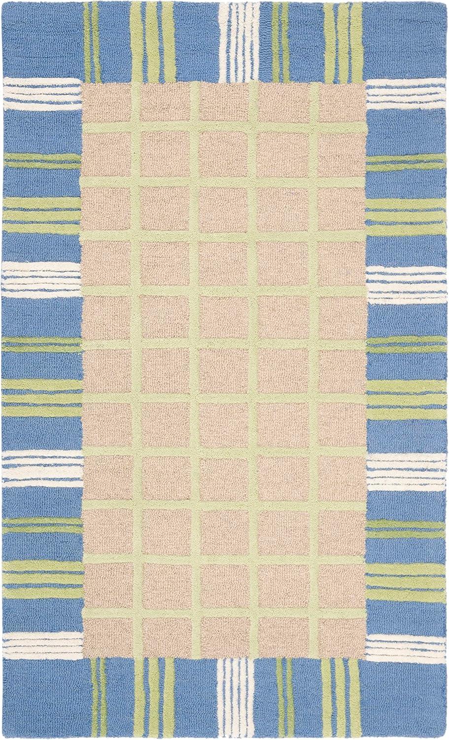 SAFAVIEH Kids Riley Geometric Bordered Cotton Area Rug, Taupe/Blue, 4' x 6'