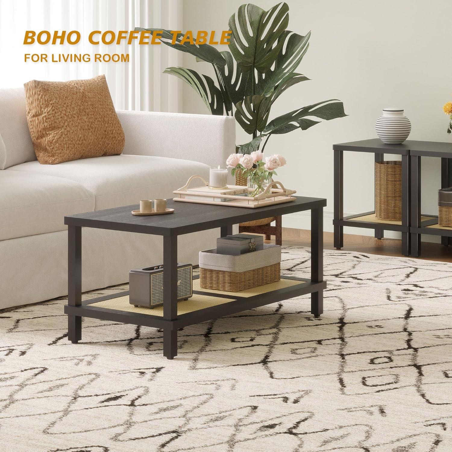 VASAGLE 2-Tier Coffee Table for Living Room, Living Room Table Rectangular Center Table, with PVC Rattan Storage Shelf, Rounded Corners, Easy Assembly, Boho Style, Ash Black ULCT240B21