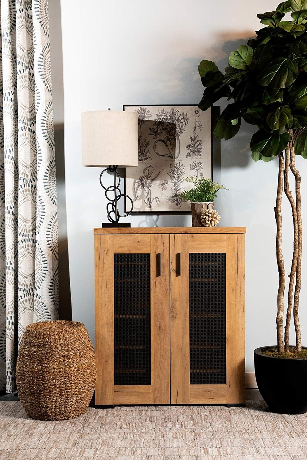 Golden Oak and Gunmetal Mesh Door Accent Cabinet