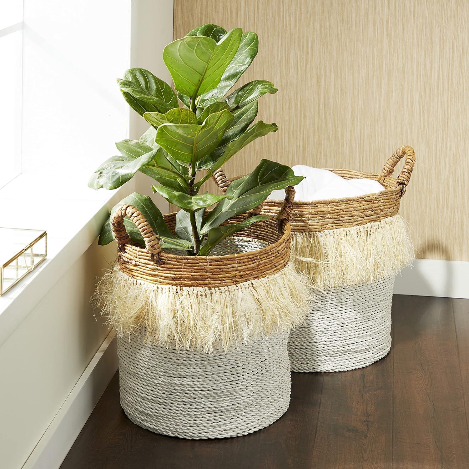 White and Natural Seagrass Round Storage Basket Set