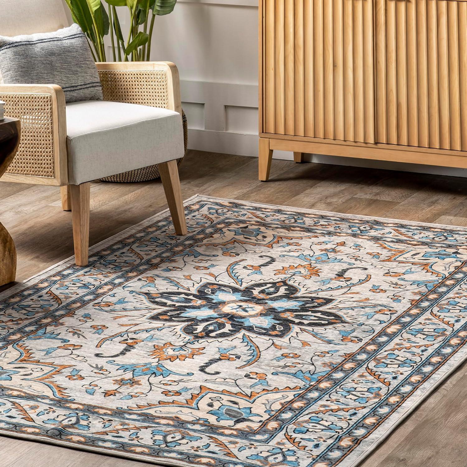 nuLOOM Teshi Floral Medallion Machine Washable Area Rug, 5' x 8', Blue