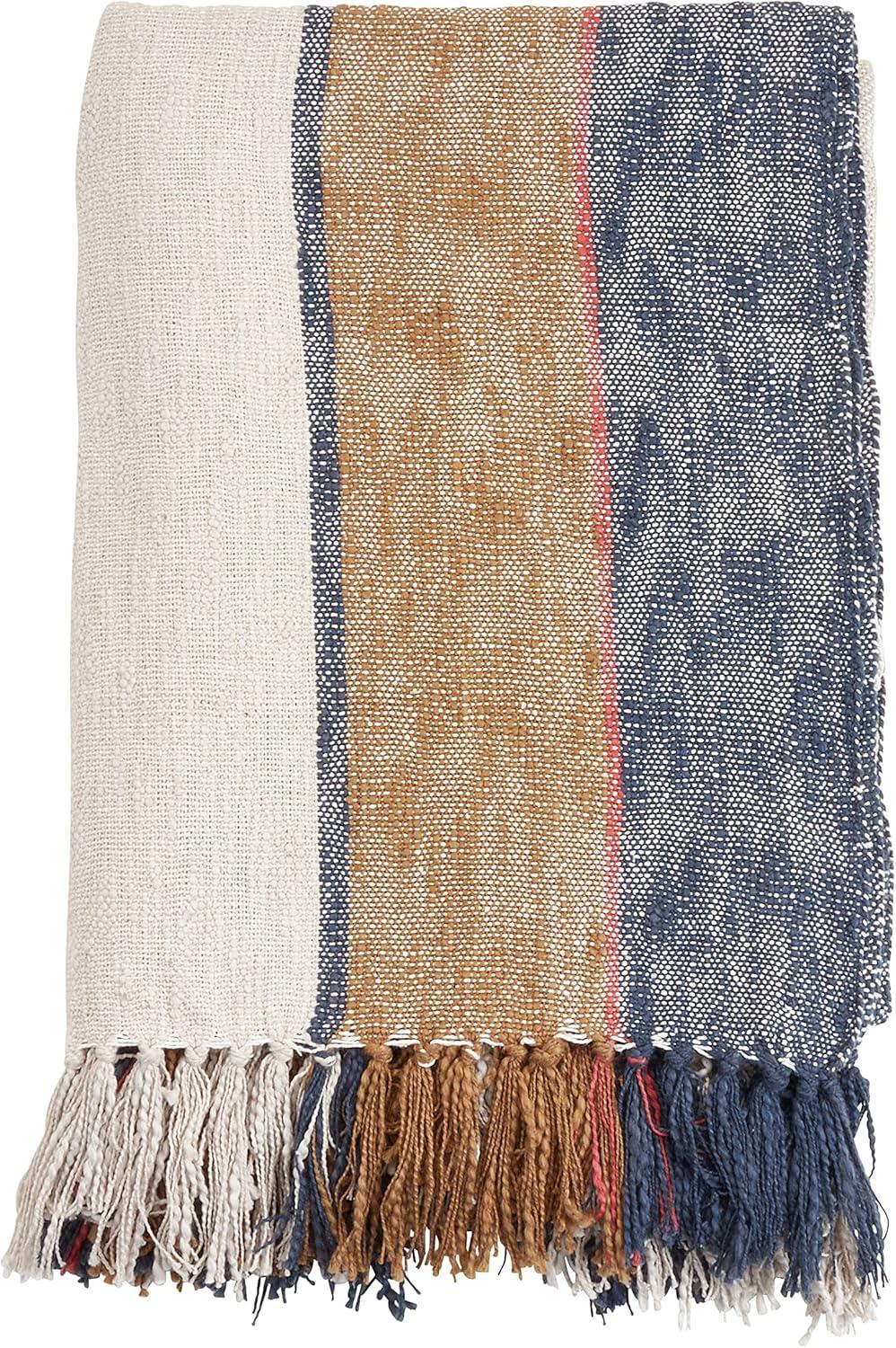 Multicolor Cotton Striped Throw Blanket with Fringe, 52"x68"