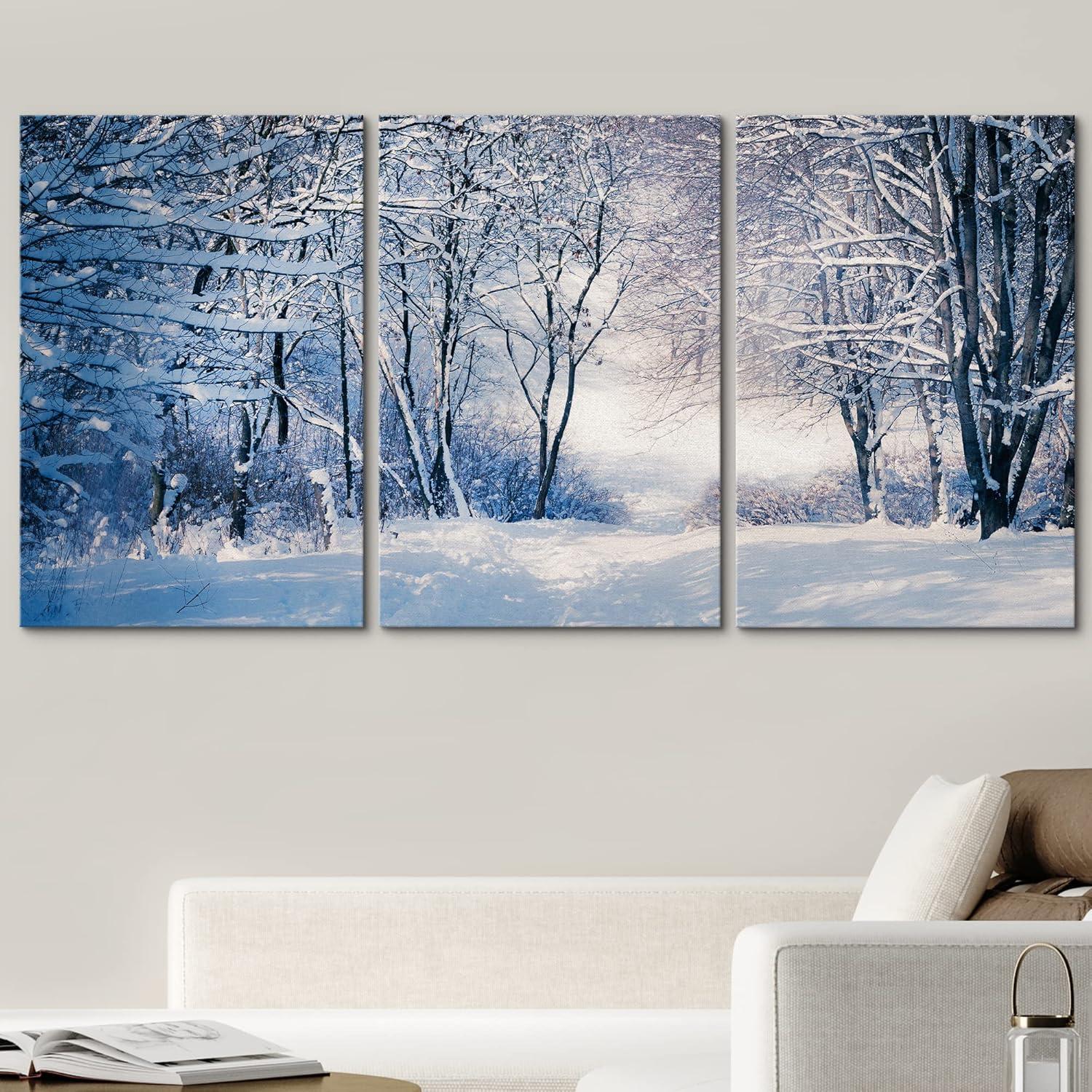 wall26 - 3 Piece Canvas Wall Art - Winter Landscape in Snow Forest. Alley in Snowy Forest - Modern Home Art Stretched and Framed Ready to Hang - 24"x36"x3 Panels