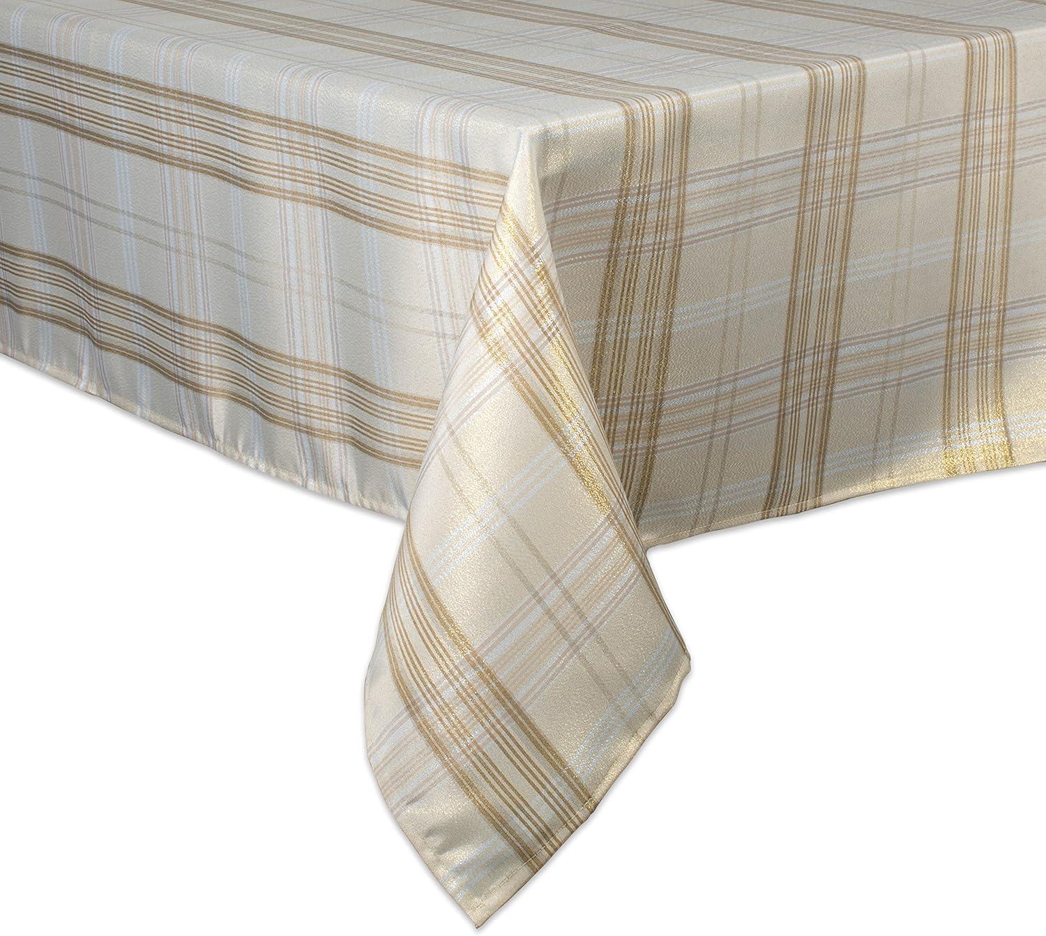 60 x 104 in. Cream Metallic Plaid Tablecloth