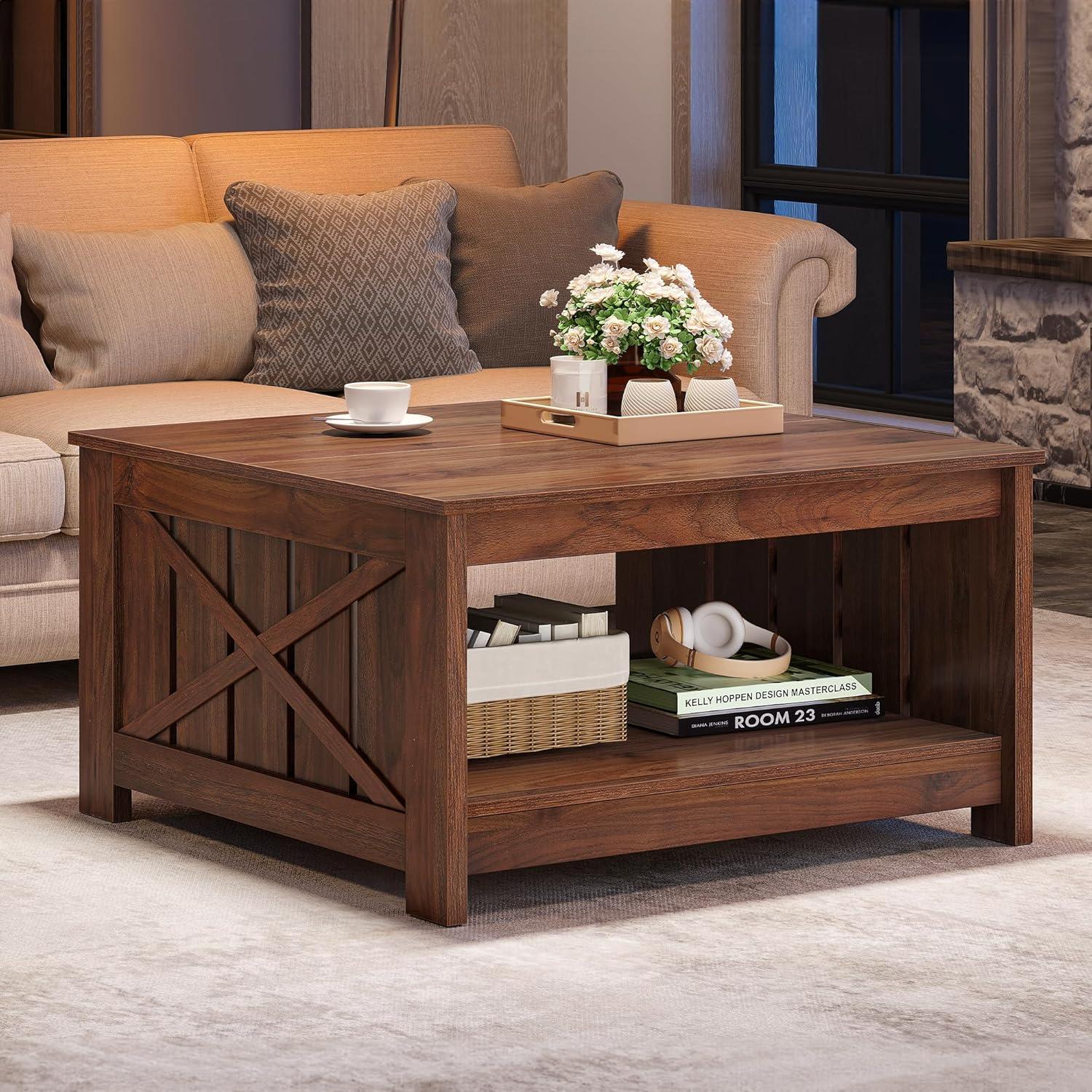 Square Rustic Wood Coffee Table with Storage