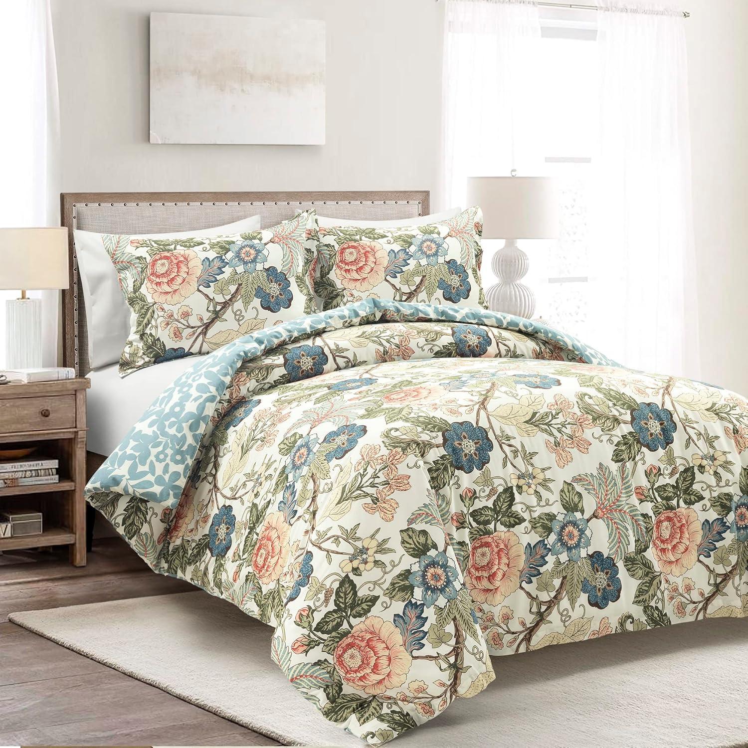 Sydney King Green and Blue Cotton Floral Duvet Cover Set