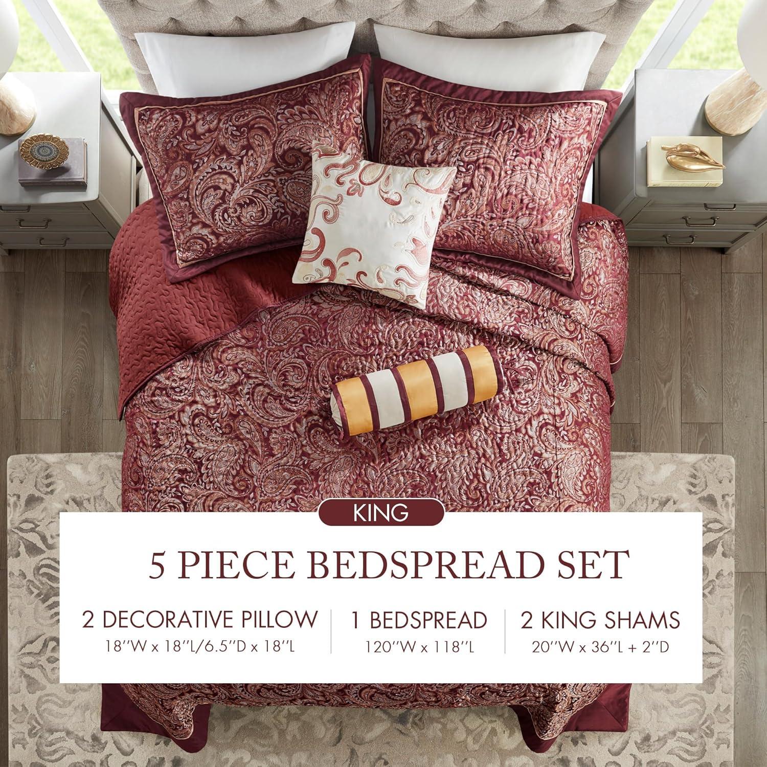Madison Park 5pc King Whitman Reversible Jacquard Bedspread Set Burgundy: Embroidered, Traditional Style