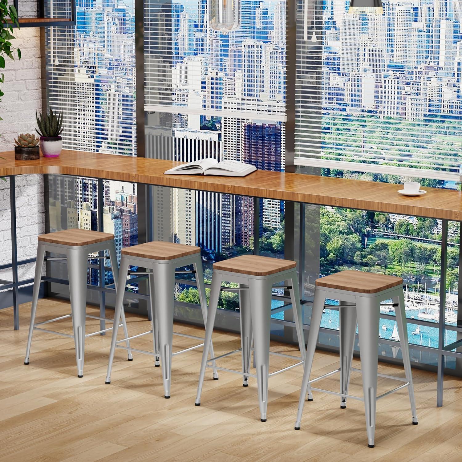 Drevy 26" Metal Counter Height Bar Stools Set of 4 Industrial Backless Kitchen Patio Counter Stool Stackable Barstools Wood Top-Silver