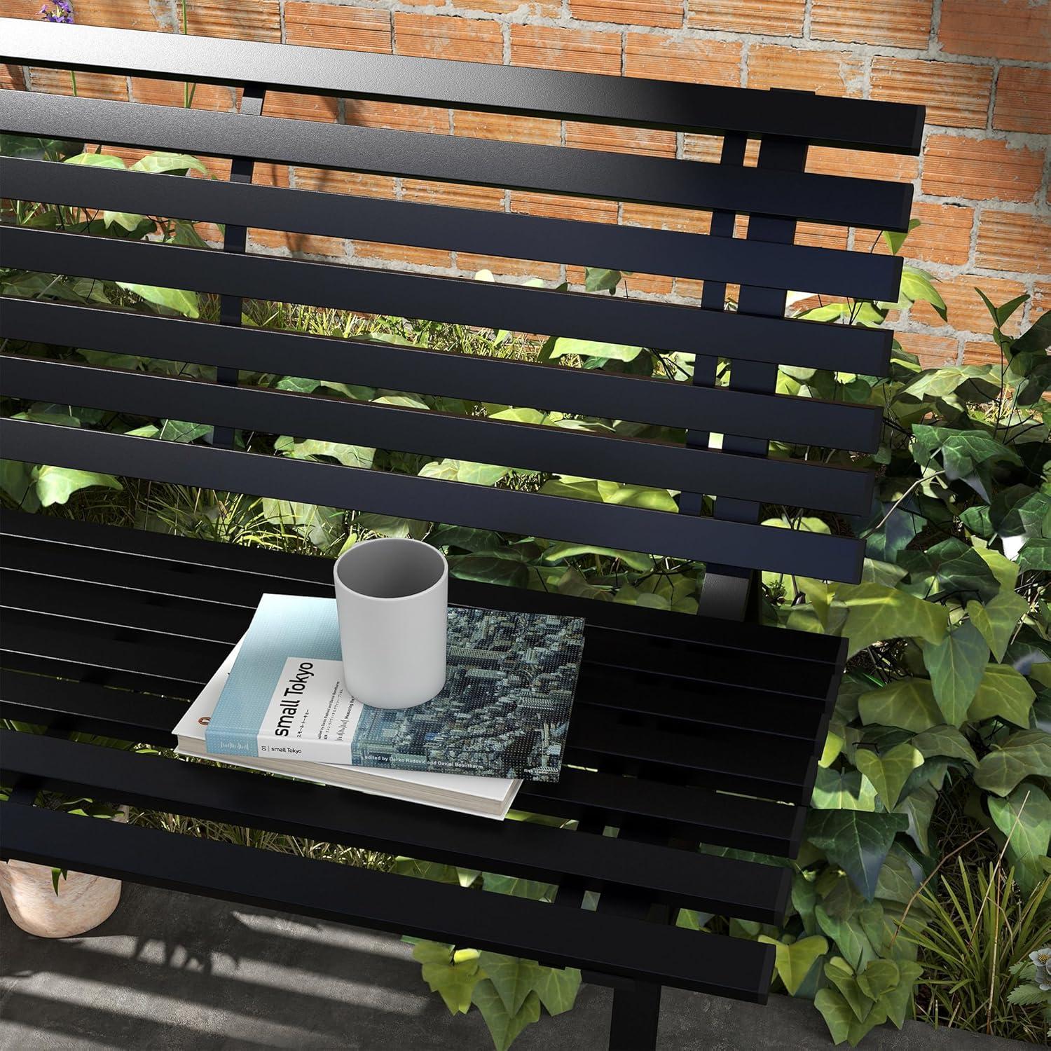 Black Aluminum Outdoor Patio Garden Bench with Slatted Seat