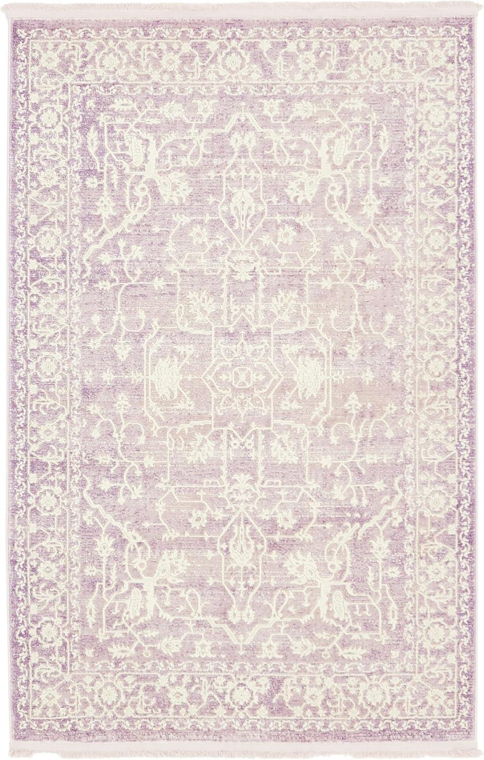 Purple and Ivory Abstract Synthetic Easy Care Rug, 4' x 6'