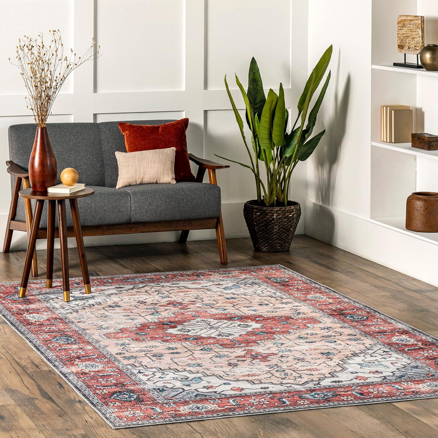 Rustic Red 5' x 8' Transitional Medallion Washable Rug