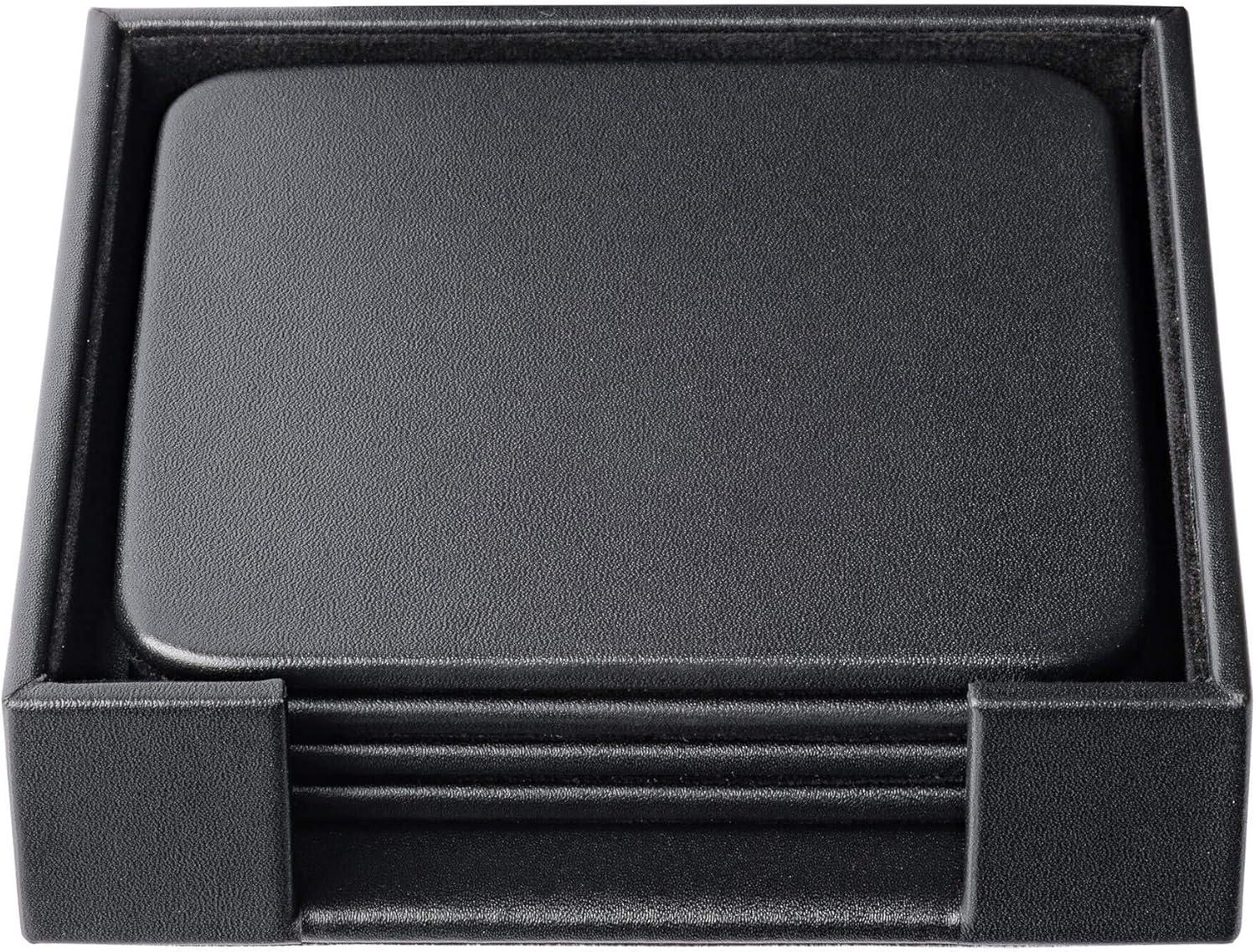 Black Leather 4-Inch Square Coaster Set with Holder