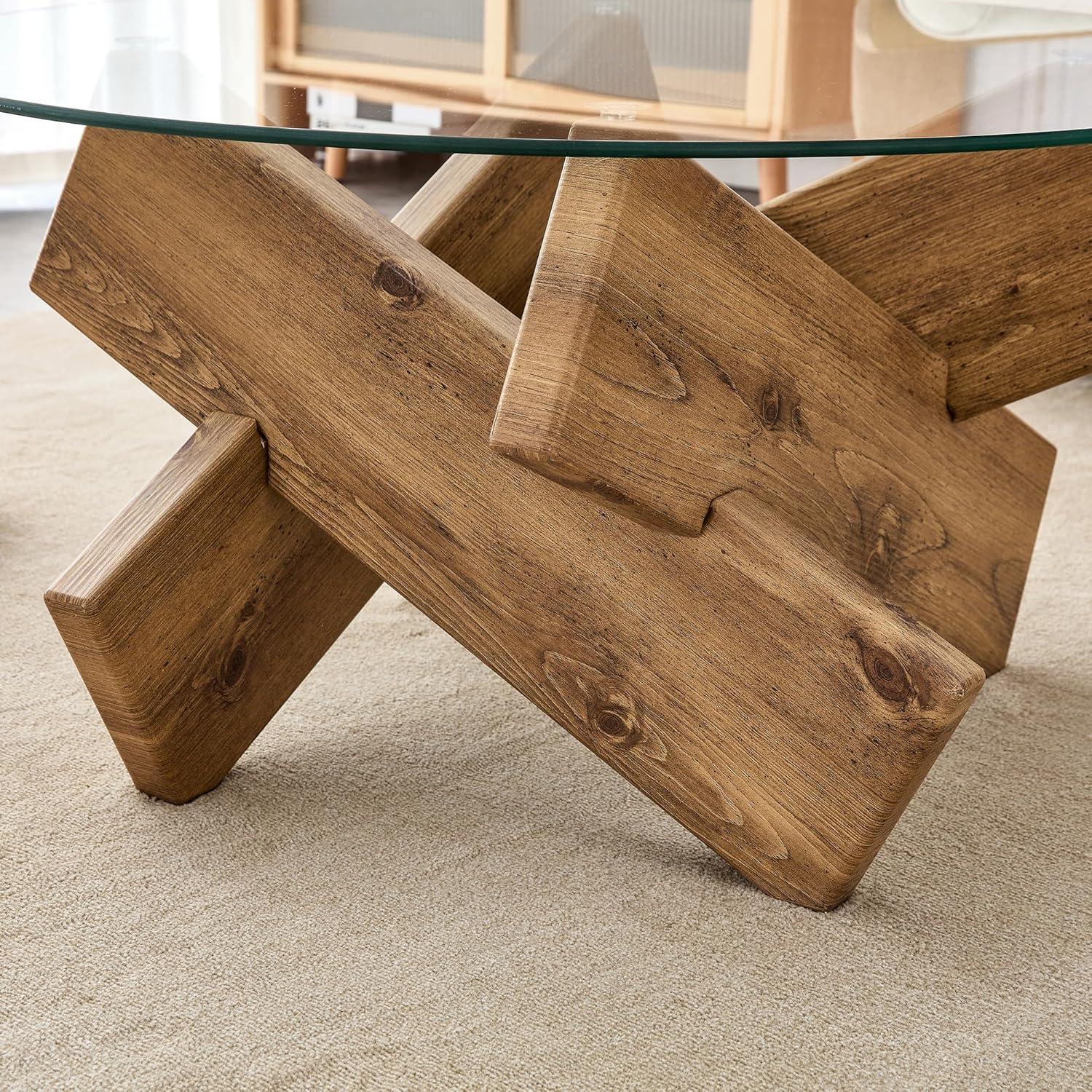 PAPROOS Round Coffee Table for Living Room, Modern Small Coffee Table with Tempered Glass Countertop and Patterned MDF Legs, Enter Table Side Table Glass Coffee Table, Easy Assembly, Natural Wood