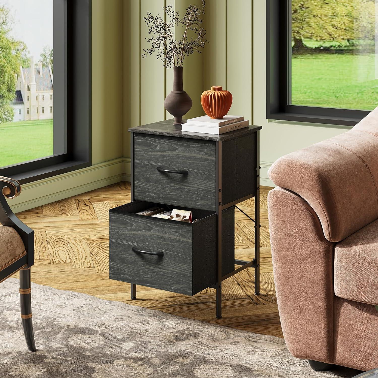 Black Fabric 2-Drawer Nightstand with Steel Frame